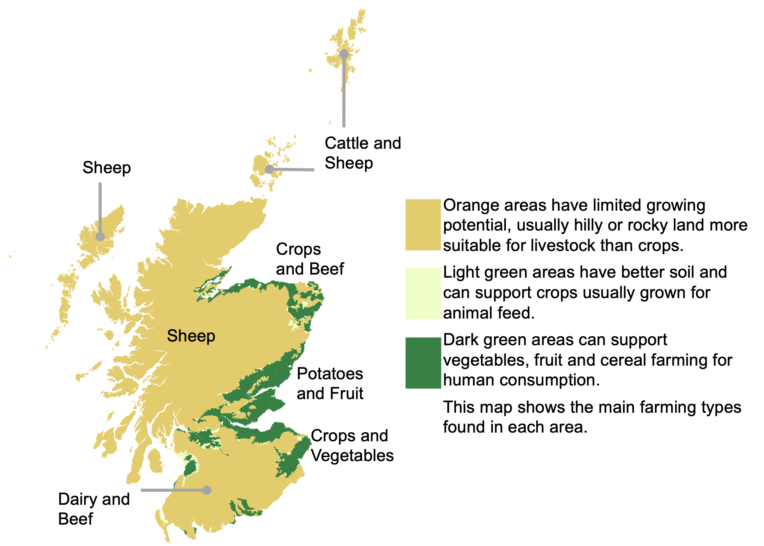 A map showing land quality in Scotland. Most land has limited growing conditions.