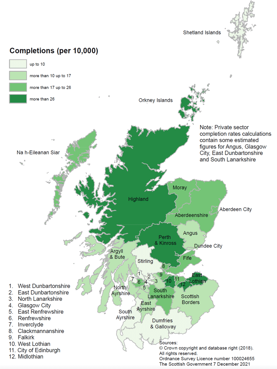 Map B: Private sector new housebuilding completion rates, per 10,000 population in the year to end December 2020