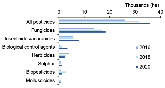 Bar chart showing fungicides are the most used pesticide group by area treated in 2016, 2018 and 2020.