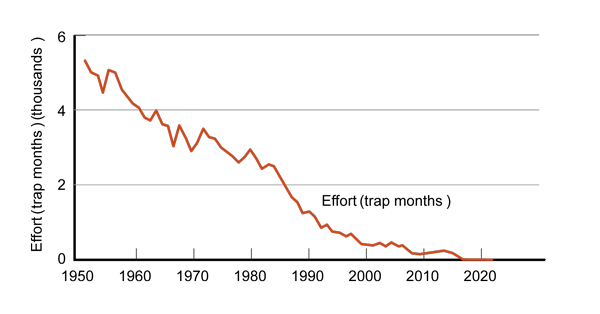 Line chart showing fixed engine fishery effort declining since 1952