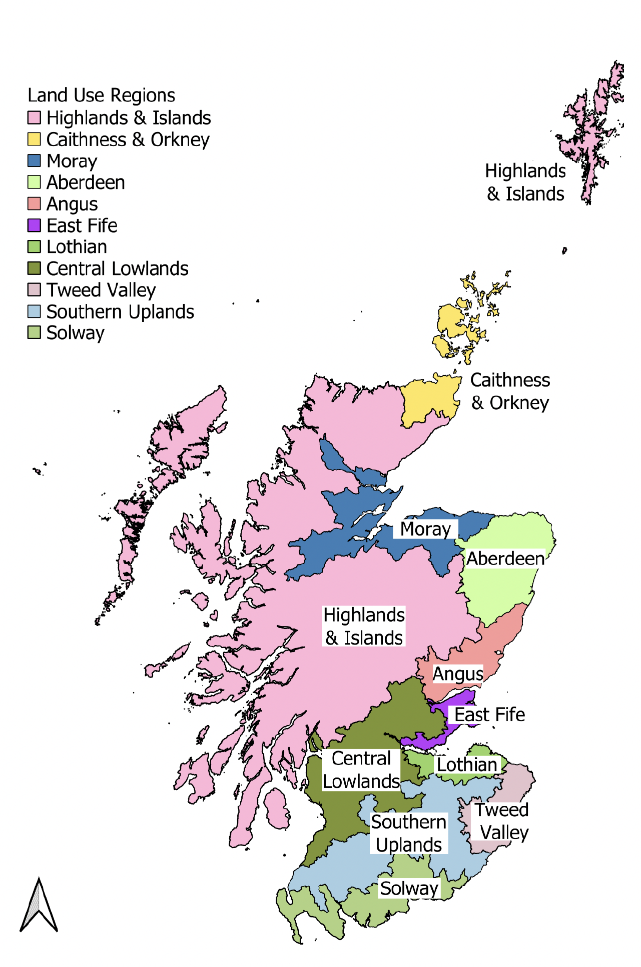 A map showing Scotland divided into 11 land use regions – Highlands and Islands, Caithness and Orkney, Moray, Aberdeen, Angus, East Fife, Lothian, Central Lowlands, Tweed Valley, Southern Uplands and Solway. 