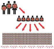 A picture showing how 3 people infected with coronavirus could spread the virus to six people, and those six people could spread coronavirus further