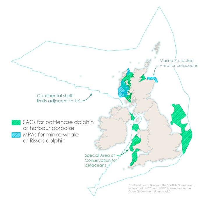 A map of the British Isles, highlighting the continental shelf limits adjacent to the UK and Special Areas of Conservation (SACs) and potential Marine Protected Areas (pMPAs). These are mostly found north west and north east of Scotland, west of Wales, east and south west of England, and east of Northern Ireland.