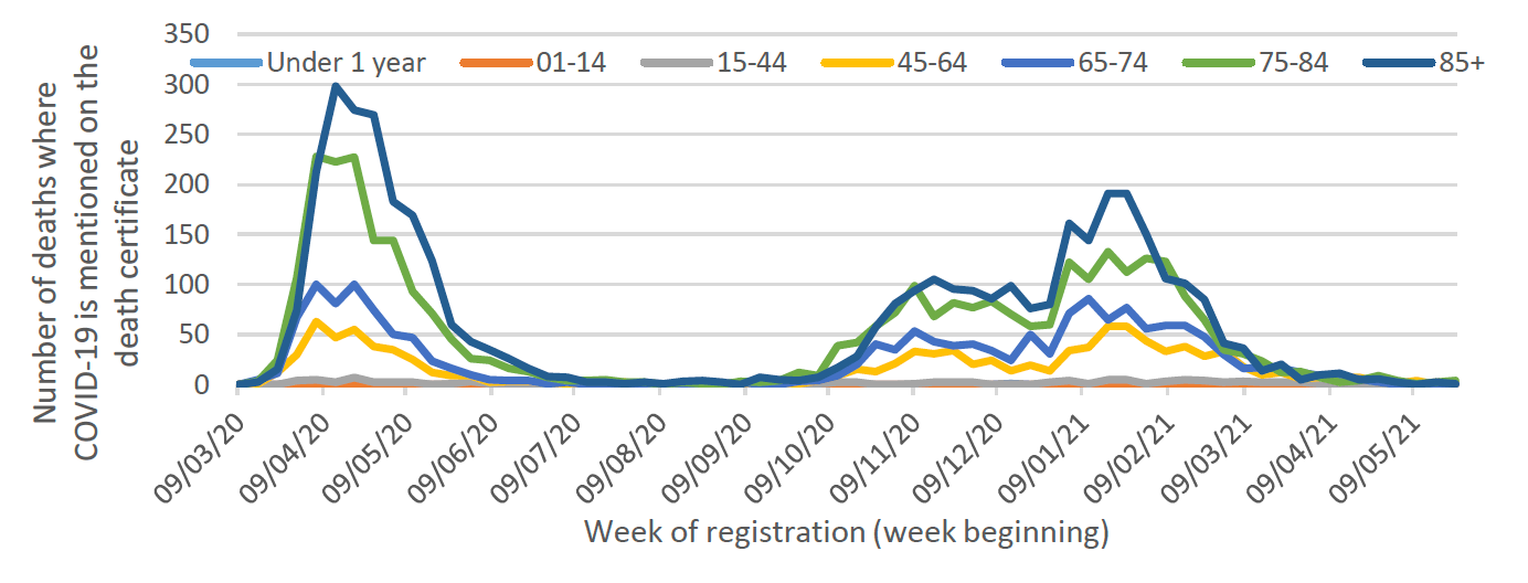 This line graph shows the weekly number of deaths for seven different age groups over time, from March 2020. In April 2020 the number of deaths in the four age groups over 45 reached a peak, with the highest number of deaths being in the over 85 age group.  Deaths then declined steeply and the number of deaths was very low in all age groups from July to September.  In October the number of deaths started to increase and then plateaued during November and December for the four age groups over 45. At the end of December deaths rose steeply again to another peak in January, with the highest deaths being in the over 85 age group. The number of deaths has since declined steeply with the largest decrease in the over 85 age group, followed by a sharp decline in the 75 to 84 age group. The number of deaths in all age groups is now very low with 7 deaths registered where Covid was mentioned on the death certificate in the week to the 13th of June. Deaths in the under 44 age groups have remained very low throughout the whole period.