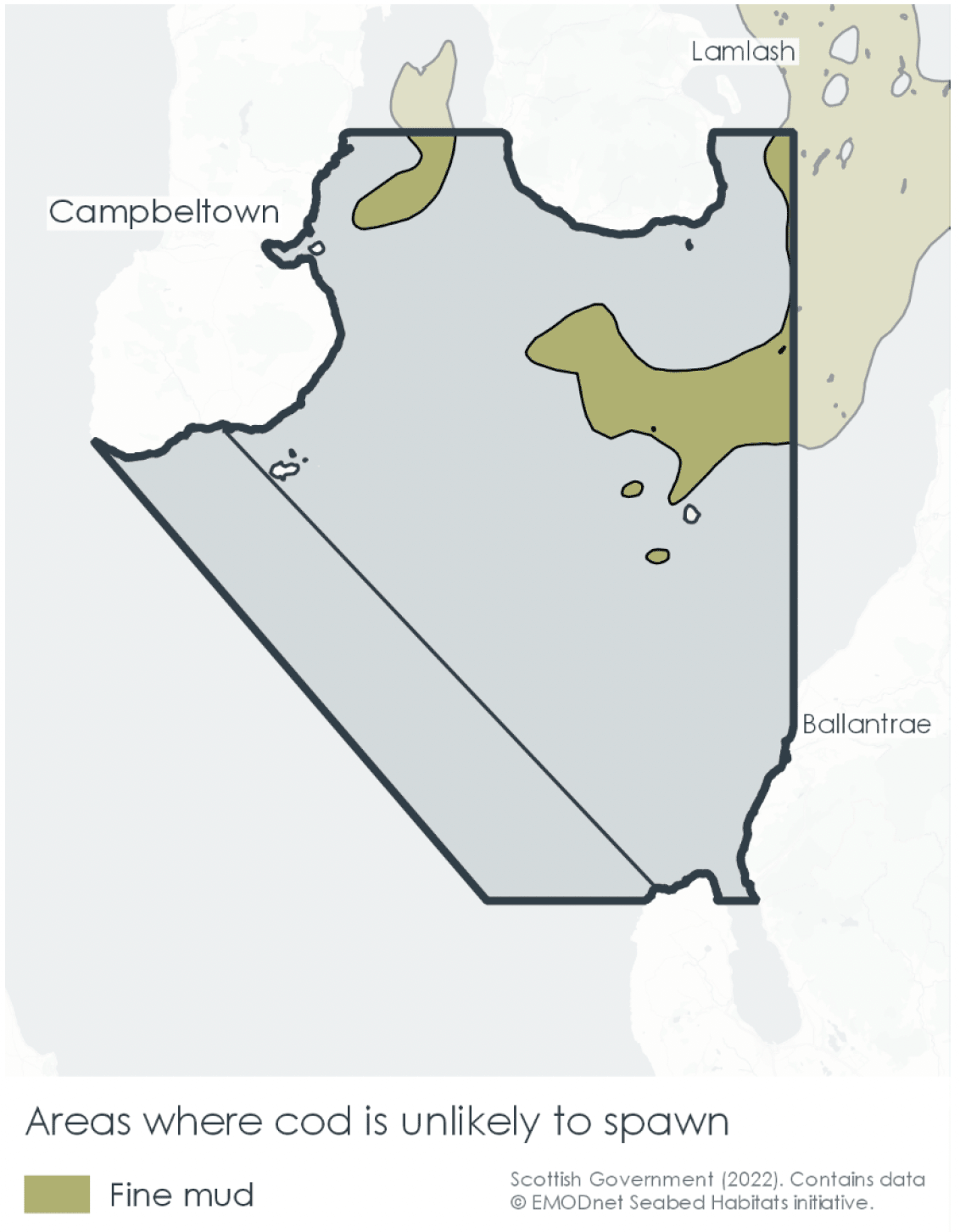outline of areas where cod are unlikely to spawn within the 2002-2021 Clyde Cod Box area, focusing on areas of fine mud 