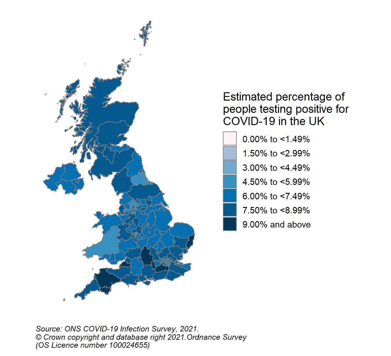This colour coded map of the UK shows the modelled estimates of the percentage of the private residential population testing positive for COVID-19, by COVID-19 Infection Survey sub-regions. In Scotland, these sub-regions are comprised of Health Boards. The regions are: 123 - NHS Grampian, NHS Highland, NHS Orkney, NHS Shetland and NHS Western Isles, 124 - NHS Fife, NHS Forth Valley and NHS Tayside, 125 - NHS Greater Glasgow & Clyde, 126 - NHS Lothian, 127 - NHS Lanarkshire, 128 - NHS Ayrshire & Arran, NHS Borders and NHS Dumfries & Galloway.  The sub-region with the highest modelled estimate for the percentage of people testing positive was CIS Region 125 (NHS Greater Glasgow & Clyde) at 8.85% (95% credible interval: 7.66% to 10.17%).  The sub-region with the lowest modelled estimate was CIS Region 126 (NHS Lothian), at 7.09% (95% credible interval: 6.07% to 8.29%).