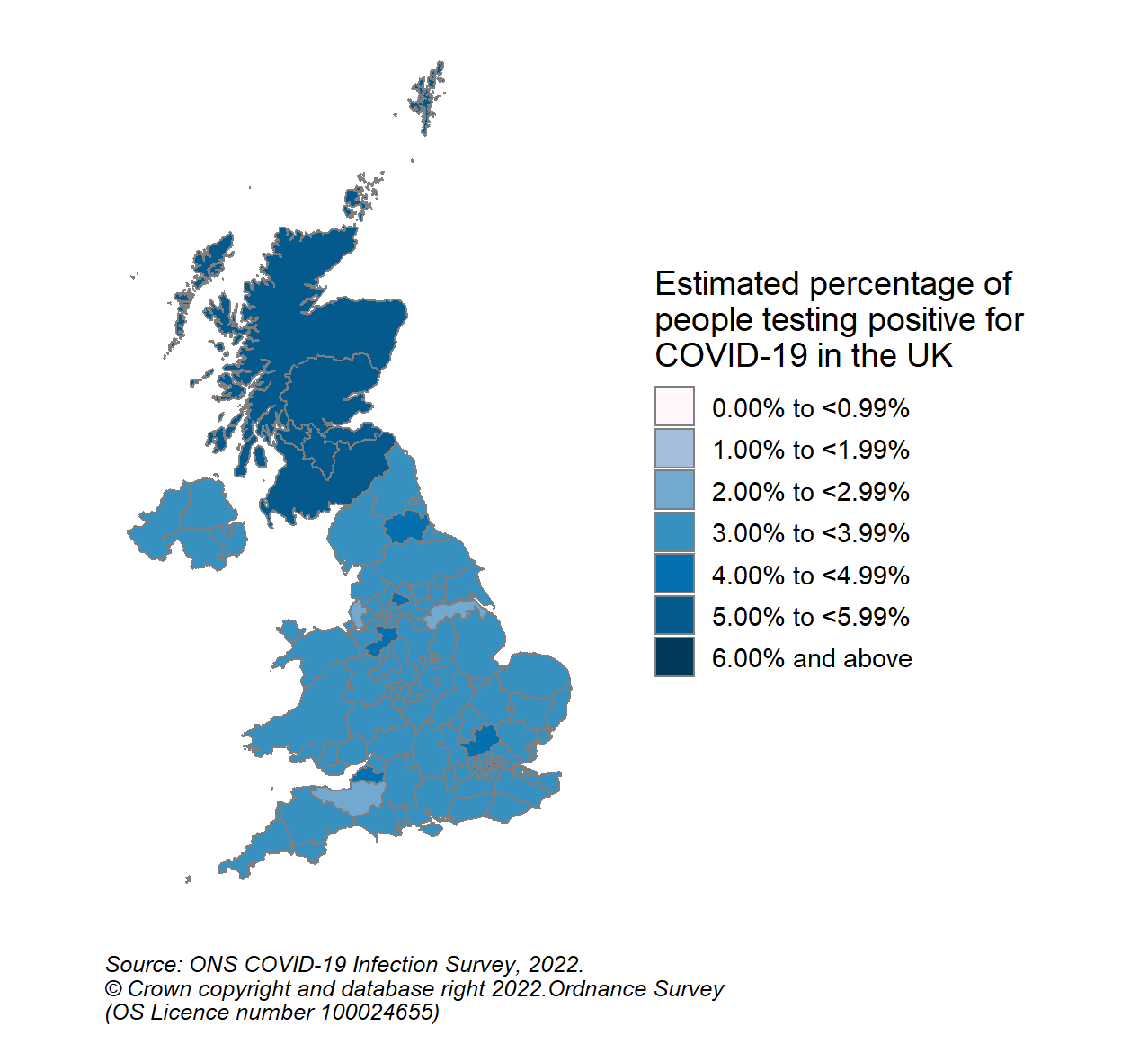 A colour coded map of the UK showing modelled estimates of the percentage of people living in private households within each COVID-19 Infection Survey sub-region who would have tested positive for COVID-19 in the week 18 to 24 June 2022.  In Scotland, sub-regions are comprised of Health Boards. Sub-region 123 contains NHS Grampian, NHS Highland, NHS Orkney, NHS Shetland and NHS Western Isles, sub-region 124 contains NHS Fife, NHS Forth Valley and NHS Tayside, sub-region 125 contains NHS Greater Glasgow & Clyde, sub-region 126 contains NHS Lothian, sub-region 127 contains NHS Lanarkshire, and sub-region 128 contains NHS Ayrshire & Arran, NHS Borders and NHS Dumfries & Galloway.  The map ranges from light blue for 2.00% to 2.99%, blue for 3.00% to 3.99%, dark blue for 4.00% to 4.99 and very dark blue for 5.00% to 5.99% estimated positivity. Scotland CIS sub-regions are marked with very dark blue (5.00% to 5.99%).