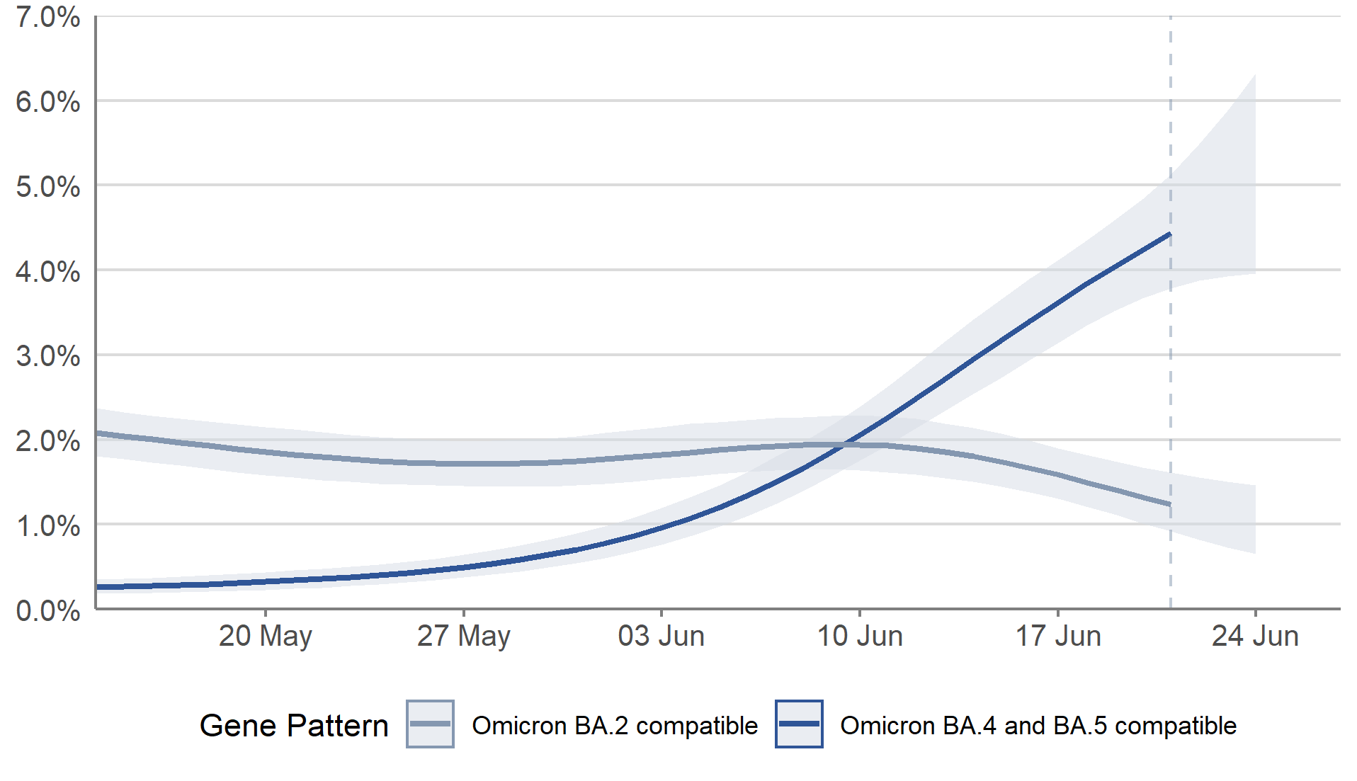 A line chart showing modelled daily estimates of the percentage of the population in Scotland testing positive for COVID-19 by variant, between 14 May and 24 June 2022. Modelled daily estimates are represented by two lines with 95% credible intervals in pale blue shading. The lines are blue for Omicron BA.1, BA.4 and BA.5 compatible infections and grey for Omicron BA.2 compatible infections. A vertical dashed line near the end of the series indicating greater uncertainty in estimates for the last three reported days. In the most recent week, the percentage of people with infections compatible with Omicron variants BA.4 and BA.5 continued to increase in Scotland. In the same week, the percentage of people with infections compatible with the Omicron variant BA.2 decreased.