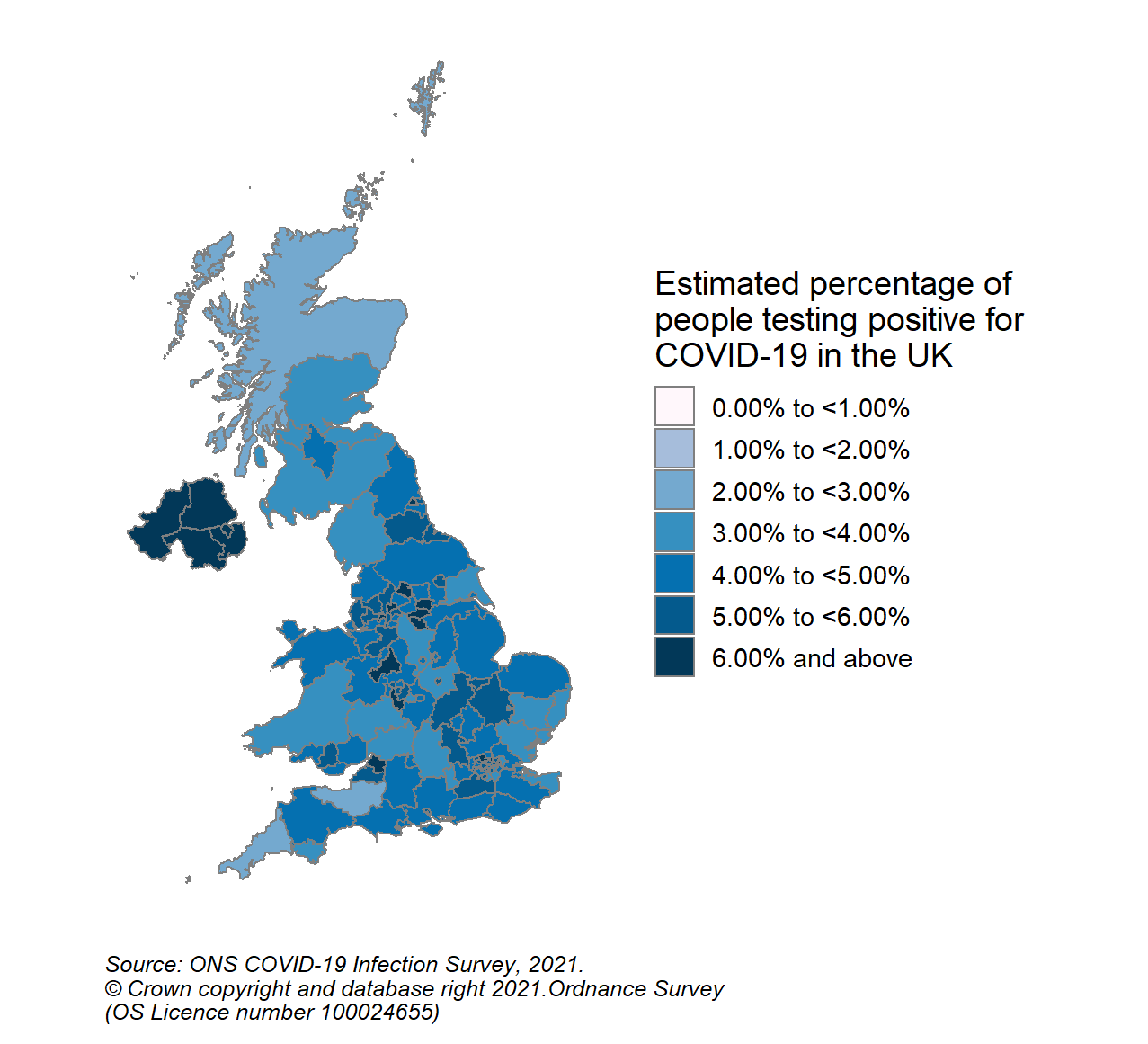 This colour coded map of the UK shows the modelled estimates of the percentage of the private residential population testing positive for COVID-19, by COVID-19 Infection Survey sub-regions. In Scotland, these sub-regions are comprised of Health Boards. The regions are: 123 - NHS Grampian, NHS Highland, NHS Orkney, NHS Shetland and NHS Western Isles, 124 - NHS Fife, NHS Forth Valley and NHS Tayside, 125 - NHS Greater Glasgow & Clyde, 126 - NHS Lothian, 127 - NHS Lanarkshire, 128 - NHS Ayrshire & Arran, NHS Borders and NHS Dumfries & Galloway.  The sub-region with the highest modelled estimate for the percentage of people testing positive was CIS Region 127 (NHS Lanarkshire) at 4.76% (95% credible interval: 3.91% to 5.81%).  The sub-region with the lowest modelled estimate was Region 123 (NHS Grampian, NHS Highland, NHS Orkney, NHS Shetland and NHS Western Isles), at 2.74% (95% credible interval: 2.24% to 3.38%).