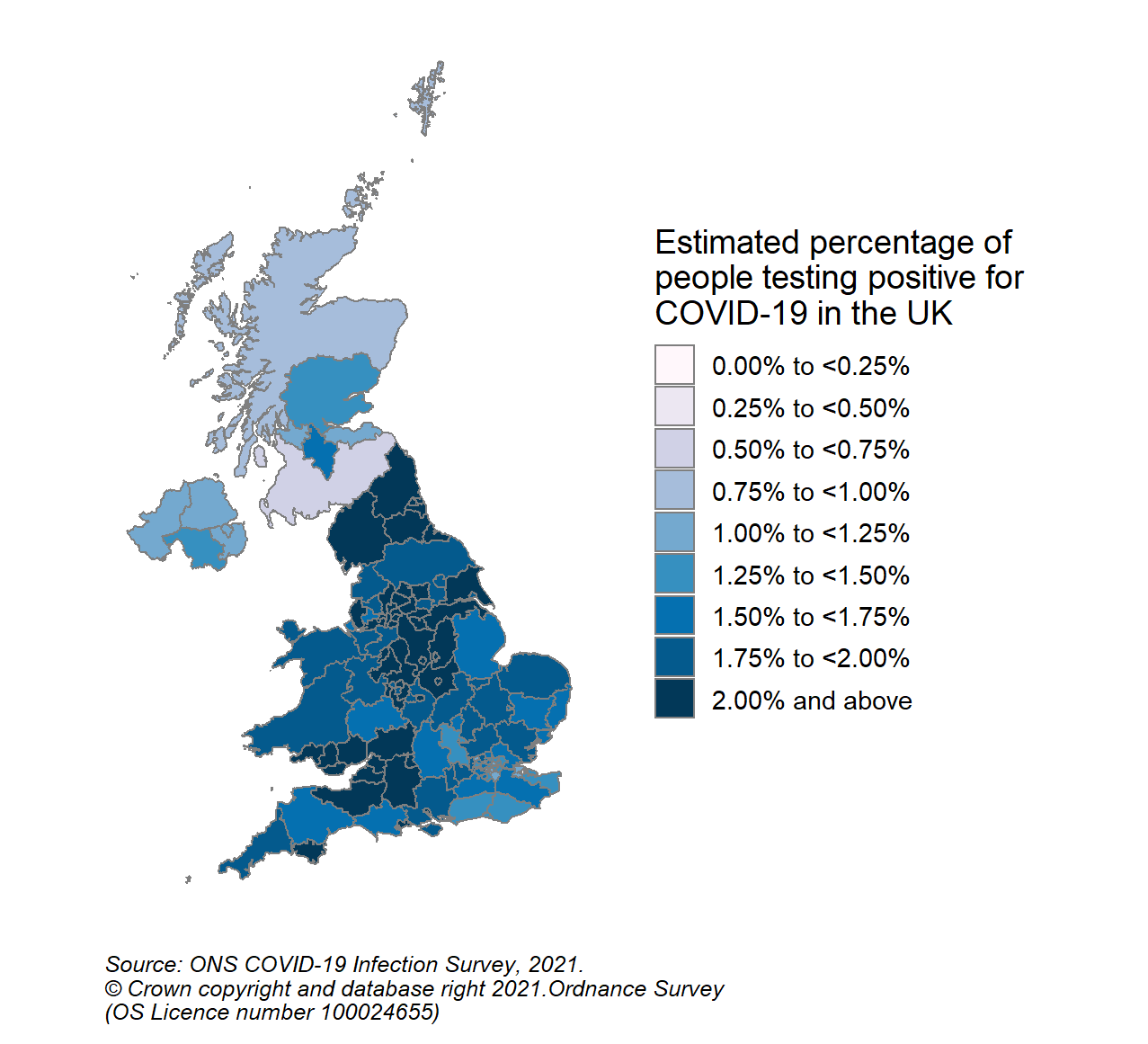 This colour coded map of the UK shows the modelled estimates of the percentage of the private residential population testing positive for COVID-19, by COVID-19 Infection Survey sub-regions. In Scotland, these sub-regions are comprised of Health Boards. The regions are: 123 - NHS Grampian, NHS Highland, NHS Orkney, NHS Shetland and NHS Western Isles, 124 - NHS Fife, NHS Forth Valley and NHS Tayside, 125 - NHS Greater Glasgow & Clyde, 126 - NHS Lothian, 127 - NHS Lanarkshire, 128 - NHS Ayrshire & Arran, NHS Borders and NHS Dumfries & Galloway.  The sub-region with the highest modelled estimate for the percentage of people testing positive was CIS Region 127 (NHS Lanarkshire) at 1.56% (95% credible interval: 1.18% to 2.01%).  The region with the lowest modelled estimate was Region 128 (NHS Ayrshire & Arran, NHS Borders and NHS Dumfries & Galloway), at 0.74% (95% credible interval: 0.51% to 1.03%).