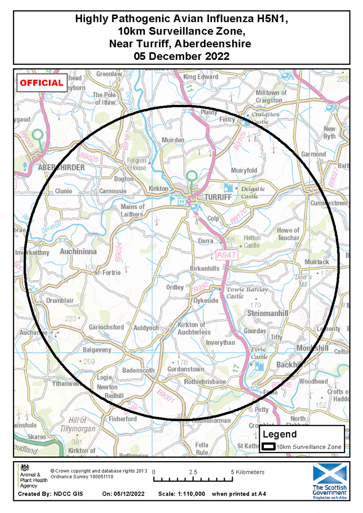 Map showing Surveillance Zone near Turriff, Aberdeenshire