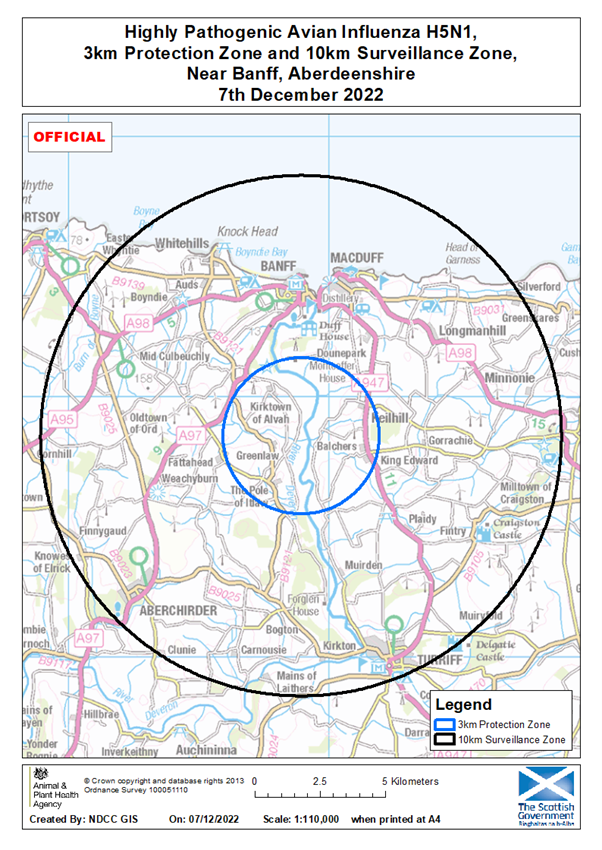Map showing protection zone and surveillance zone near Banff, Aberdeenshire