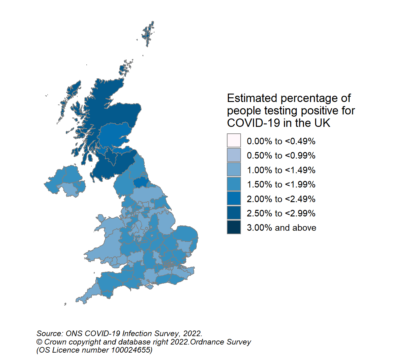 A colour coded map of the UK showing modelled estimates of the percentage of people living in private households within each COVID-19 Infection Survey sub-region who would have tested positive for COVID-19 in the week 27 May to 2 June 2022.   In Scotland, sub-regions are comprised of Health Boards. Sub-region 123 contains NHS Grampian, NHS Highland, NHS Orkney, NHS Shetland and NHS Western Isles, sub-region 124 contains NHS Fife, NHS Forth Valley and NHS Tayside, sub-region 125 contains NHS Greater Glasgow & Clyde, sub-region 126 contains NHS Lothian, sub-region 127 contains NHS Lanarkshire, and sub-region 128 contains NHS Ayrshire & Arran, NHS Borders and NHS Dumfries & Galloway.  The map ranges from very light blue for 1.00% to 1.49%, light blue for 1.50% to 1.99%, blue for 2.00% to 2.49%, and darker blue for 2.50% to 2.99% estimated positivity. Scotland CIS sub-regions are marked with blue (2.00% to 2.49%) and darker blue (2.50% to 2.99% positivity).