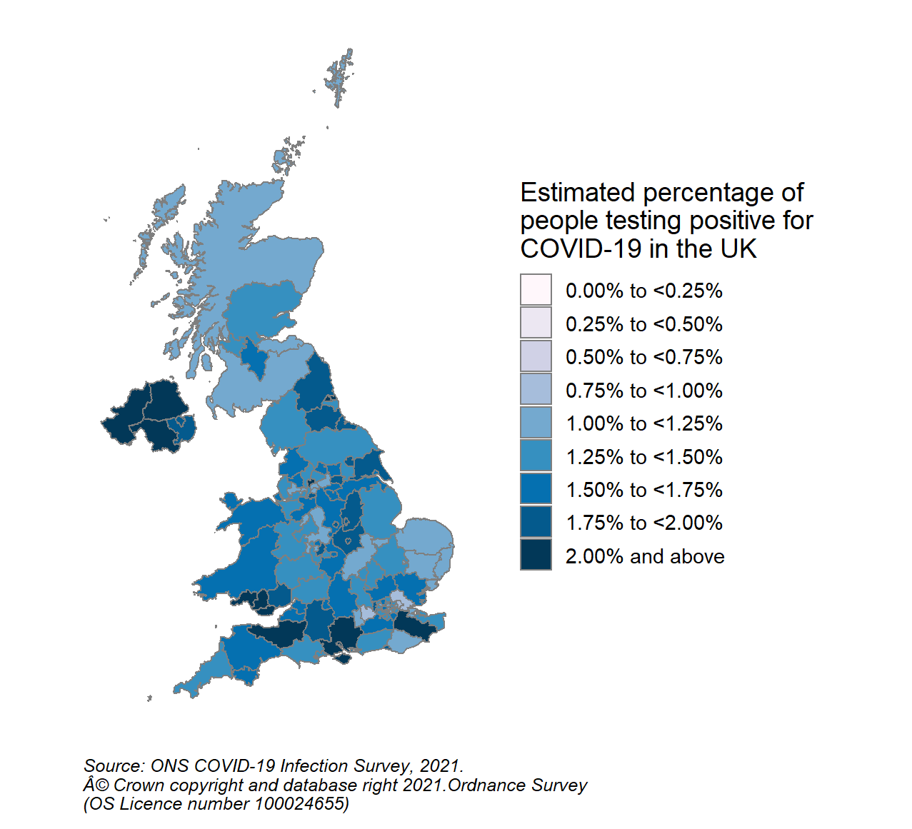 This colour coded map of the UK shows the modelled estimates of the percentage of the private residential population testing positive for COVID-19, by COVID-19 Infection Survey sub-regions. In Scotland, these sub-regions are comprised of Health Boards. The regions are: 123 - NHS Grampian, NHS Highland, NHS Orkney, NHS Shetland and NHS Western Isles, 124 - NHS Fife, NHS Forth Valley and NHS Tayside, 125 - NHS Greater Glasgow & Clyde, 126 - NHS Lothian, 127 - NHS Lanarkshire, 128 - NHS Ayrshire & Arran, NHS Borders and NHS Dumfries & Galloway.  The sub-region with the highest modelled estimate for the percentage of people testing positive was CIS Region 127 (NHS Lanarkshire) at 1.64% (95% credible interval: 1.30% to 2.05%).  The sub-region with the lowest modelled estimate was Region 128 (NHS Ayrshire & Arran, NHS Borders and NHS Dumfries & Galloway), at 1.02% (95% credible interval: 0.78% to 1.29%).