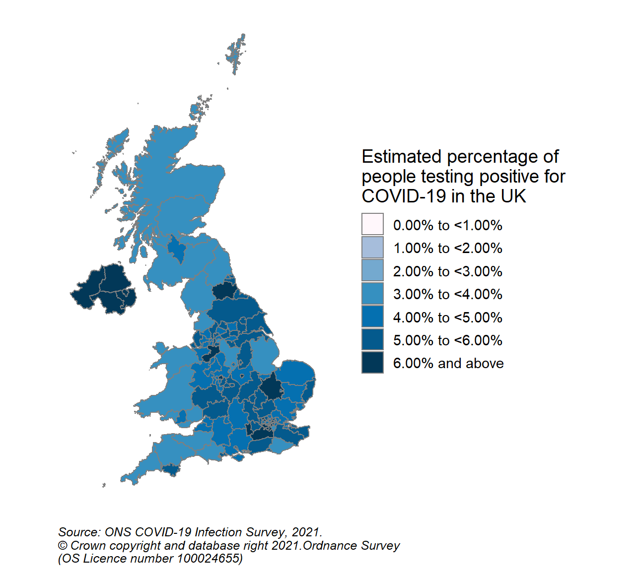 This colour coded map of the UK shows the modelled estimates of the percentage of the private residential population testing positive for COVID-19, by COVID-19 Infection Survey sub-regions. In Scotland, these sub-regions are comprised of Health Boards. The regions are: 123 - NHS Grampian, NHS Highland, NHS Orkney, NHS Shetland and NHS Western Isles, 124 - NHS Fife, NHS Forth Valley and NHS Tayside, 125 - NHS Greater Glasgow & Clyde, 126 - NHS Lothian, 127 - NHS Lanarkshire, 128 - NHS Ayrshire & Arran, NHS Borders and NHS Dumfries & Galloway.  The sub-region with the highest modelled estimate for the percentage of people testing positive was CIS Region 127 (NHS Lanarkshire) at 4.46% (95% credible interval: 3.66% to 5.35%).  The sub-region with the lowest modelled estimate was Region 123 (NHS Grampian, NHS Highland, NHS Orkney, NHS Shetland and NHS Western Isles), at 3.21% (95% credible interval: 2.65% to 3.94%).