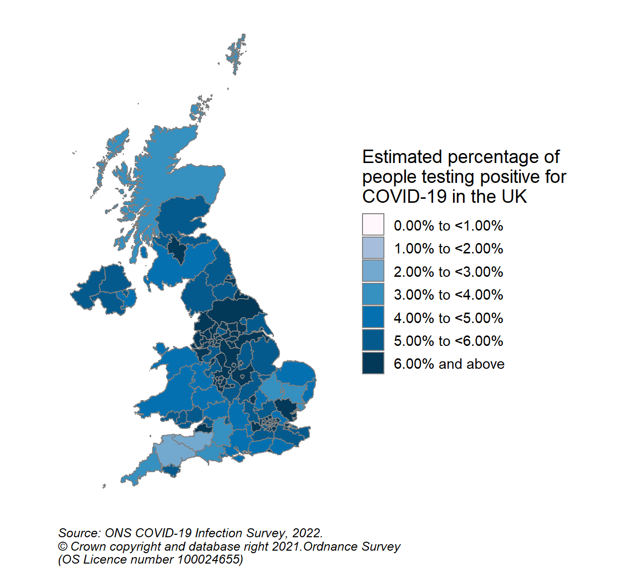 This colour coded map of the UK shows the modelled estimates of the percentage of the private residential population testing positive for COVID-19, by COVID-19 Infection Survey sub-regions. In Scotland, these sub-regions are comprised of Health Boards. The regions are: 123 - NHS Grampian, NHS Highland, NHS Orkney, NHS Shetland and NHS Western Isles, 124 - NHS Fife, NHS Forth Valley and NHS Tayside, 125 - NHS Greater Glasgow & Clyde, 126 - NHS Lothian, 127 - NHS Lanarkshire, 128 - NHS Ayrshire & Arran, NHS Borders and NHS Dumfries & Galloway.  The sub-region with the highest modelled estimate for the percentage of people testing positive was CIS Region 127 (NHS Lanarkshire) at 6.96% (95% credible interval: 5.79% to 8.39%).  The sub-region with the lowest modelled estimate was Region 123 (NHS Grampian, NHS Highland, NHS Orkney, NHS Shetland and NHS Western Isles), at 3.95% (95% credible interval: 3.25% to 4.85%).