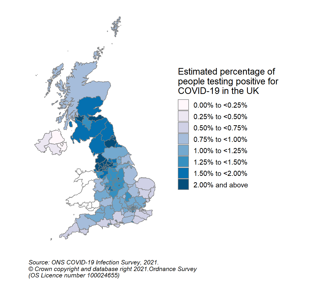 Figure 5: Modelled estimates of the percentage of the community population within each CIS sub-region who would have tested positive for COVID-19 in the week 11 to 17 July 2021 in the UK (See notes 3,5,9)