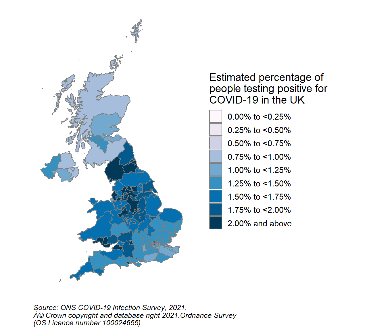 This colour coded map of the UK shows the modelled estimates of the percentage of the private residential population testing positive for COVID-19, by COVID-19 Infection Survey sub-regions. In Scotland, these sub-regions are comprised of Health Boards. The regions are: 123 - NHS Grampian, NHS Highland, NHS Orkney, NHS Shetland and NHS Western Isles, 124 - NHS Fife, NHS Forth Valley and NHS Tayside, 125 - NHS Greater Glasgow & Clyde, 126 - NHS Lothian, 127 - NHS Lanarkshire, 128 - NHS Ayrshire & Arran, NHS Borders and NHS Dumfries & Galloway.  The sub-regions with the highest modelled estimate for the percentage of people testing positive were CIS Region 125 (NHS Greater Glasgow and Clyde) at 1.48% (95% credible interval: 1.14% to 1.88%) and CIS region 127 (NHS Lanarkshire) at 1.46% (95% credible interval: 1.10% to 1.91%).  The region with the lowest modelled estimate was Region 128 (NHS Ayrshire & Arran, NHS Borders and NHS Dumfries & Galloway), at 0.84% (95% credible interval: 0.60% to 1.14%).