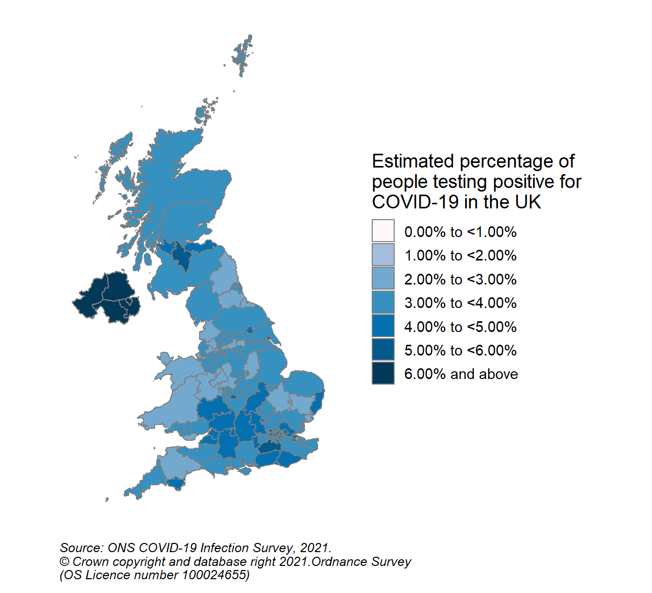 This colour coded map of the UK shows the modelled estimates of the percentage of the private residential population testing positive for COVID-19, by COVID-19 Infection Survey sub-regions. In Scotland, these sub-regions are comprised of Health Boards. The regions are: 123 - NHS Grampian, NHS Highland, NHS Orkney, NHS Shetland and NHS Western Isles, 124 - NHS Fife, NHS Forth Valley and NHS Tayside, 125 - NHS Greater Glasgow & Clyde, 126 - NHS Lothian, 127 - NHS Lanarkshire, 128 - NHS Ayrshire & Arran, NHS Borders and NHS Dumfries & Galloway.  The sub-region with the highest modelled estimate for the percentage of people testing positive was CIS Region 127 (NHS Lanarkshire) at 5.12% (95% credible interval: 4.12% to 6.35%).  The sub-region with the lowest modelled estimate was Region 128 (NHS Ayrshire & Arran, NHS Borders and NHS Dumfries & Galloway), at 3.22% (95% credible interval: 2.55% to 4.10%).