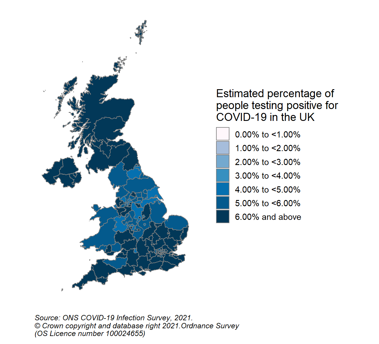This colour coded map of the UK shows the modelled estimates of the percentage of the private residential population testing positive for COVID-19, by COVID-19 Infection Survey sub-regions. In Scotland, these sub-regions are comprised of Health Boards. The regions are: 123 - NHS Grampian, NHS Highland, NHS Orkney, NHS Shetland and NHS Western Isles, 124 - NHS Fife, NHS Forth Valley and NHS Tayside, 125 - NHS Greater Glasgow & Clyde, 126 - NHS Lothian, 127 - NHS Lanarkshire, 128 - NHS Ayrshire & Arran, NHS Borders and NHS Dumfries & Galloway.  The sub-region with the highest modelled estimate for the percentage of people testing positive was CIS Region 127 (NHS Lanarkshire) at 10.71% (95% credible interval: 9.05% to 12.66%).  The sub-region with the lowest modelled estimate was CIS Region 126 (NHS Lothian), at 7.35% (95% credible interval: 6.23% to 8.69%).