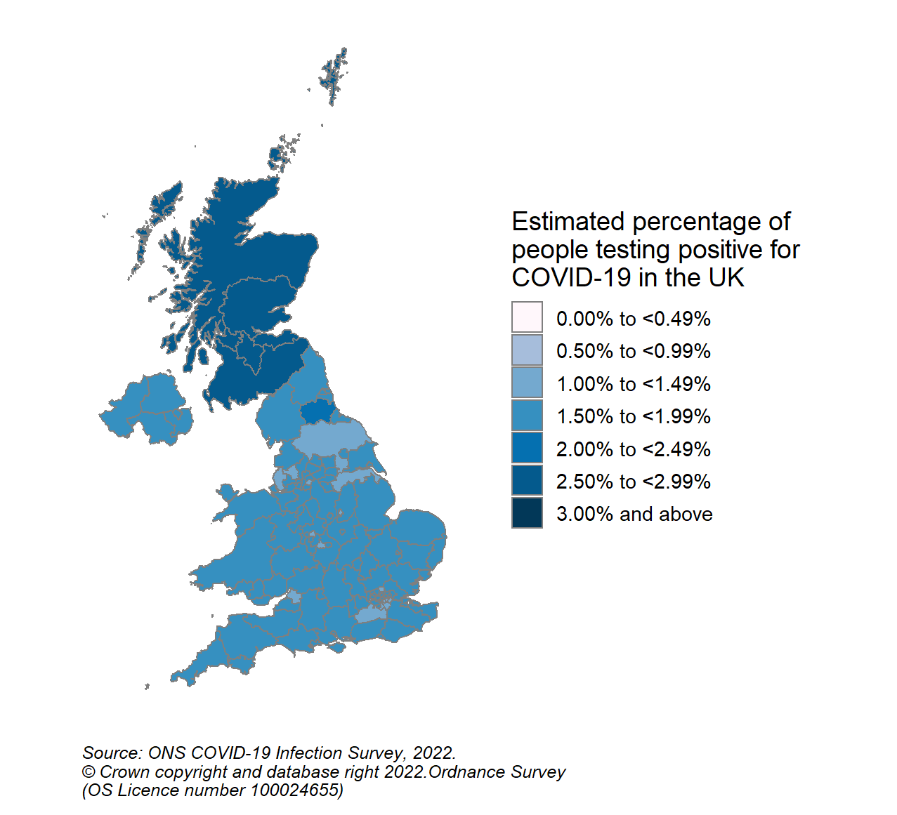 This colour coded map of the UK shows the modelled estimates of the percentage of the private residential population testing positive for COVID-19, by COVID-19 Infection Survey sub-regions. In Scotland, these sub-regions are comprised of Health Boards. The regions are: 123 - NHS Grampian, NHS Highland, NHS Orkney, NHS Shetland and NHS Western Isles, 124 - NHS Fife, NHS Forth Valley and NHS Tayside, 125 - NHS Greater Glasgow & Clyde, 126 - NHS Lothian, 127 - NHS Lanarkshire, 128 - NHS Ayrshire & Arran, NHS Borders and NHS Dumfries & Galloway.  In the most recent week (15 to 21 May 2022), estimates for the percentage of people testing positive were similar for all CIS Regions in Scotland and ranged from 2.65% in CIS Region 126 (NHS Lothian) (95% credible interval: 2.21% to 3.17%) to 2.87% in CIS Region 127 (NHS Lanarkshire) (95% credible interval: 2.40% to 3.43%).