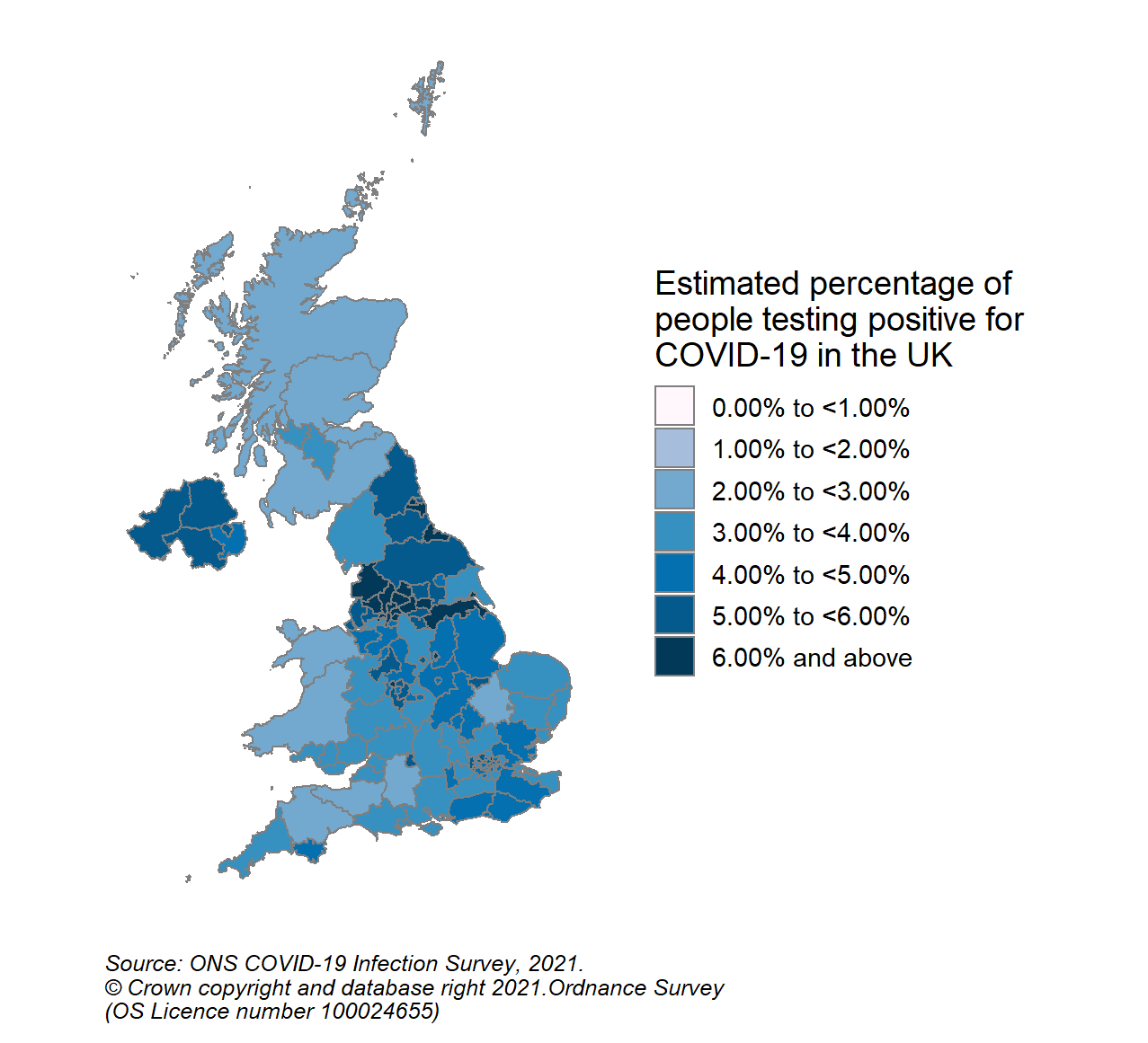 This colour coded map of the UK shows the modelled estimates of the percentage of the private residential population testing positive for COVID-19, by COVID-19 Infection Survey sub-regions. In Scotland, these sub-regions are comprised of Health Boards. The regions are: 123 - NHS Grampian, NHS Highland, NHS Orkney, NHS Shetland and NHS Western Isles, 124 - NHS Fife, NHS Forth Valley and NHS Tayside, 125 - NHS Greater Glasgow & Clyde, 126 - NHS Lothian, 127 - NHS Lanarkshire, 128 - NHS Ayrshire & Arran, NHS Borders and NHS Dumfries & Galloway.  The sub-region with the highest modelled estimate for the percentage of people testing positive was CIS Region 127 (NHS Lanarkshire) at 3.78% (95% credible interval: 3.15% to 4.51%).  The sub-region with the lowest modelled estimate was Region 123 (NHS Grampian, NHS Highland, NHS Orkney, NHS Shetland and NHS Western Isles), at 2.47% (95% credible interval: 2.04% to 3.08%).
