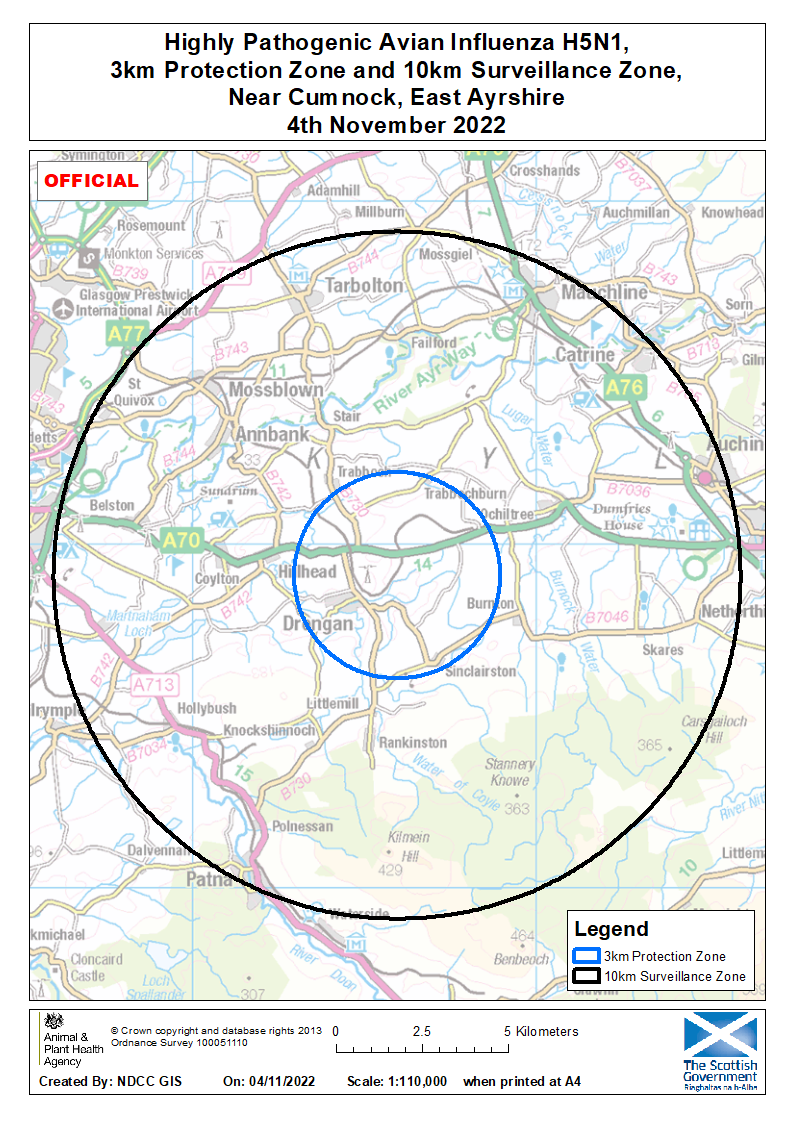 Map showing the protection and surveillance zone around Macquittiston Farm, Coalhall, Ayrshire, KA6 6NF