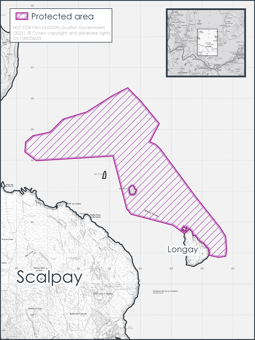 Map showing The Red Rocks and Longay urgent MPA within the Inner Sound