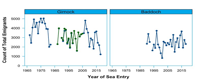 Count of total juvenile salmon (spring smolts and autumn parr) emigrating from the Girnock and Baddoch Burns by year of sea entry