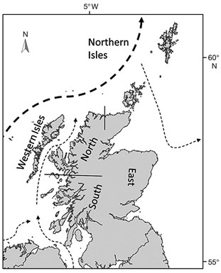 map of Scotland showing prevailing ocean current