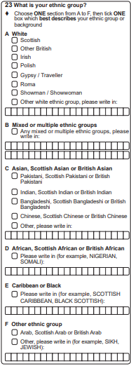 'What is your ethnic group' question and answers from 2022 census