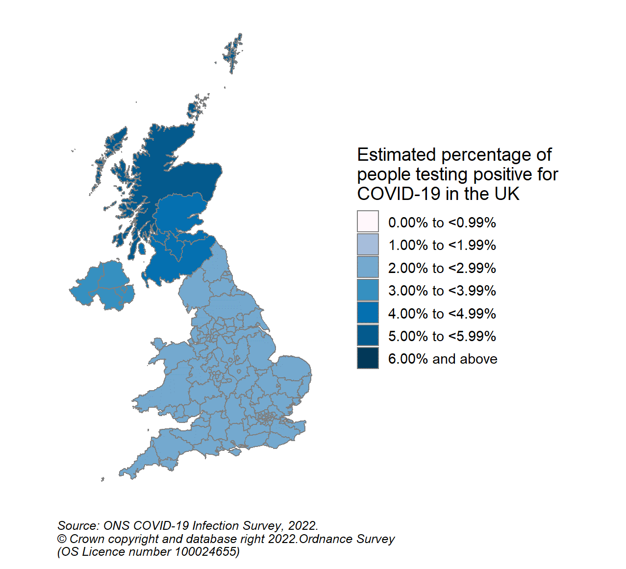 Figure 5: Modelled estimates of the percentage of the population within each CIS sub-region who would have tested positive for COVID-19, between 11 and 17 June 2022 for Scotland, and 12 and 18 June for England, Wales and Northern Ireland   A colour coded map of the UK showing modelled estimates of the percentage of people living in private households within each COVID-19 Infection Survey sub-region who would have tested positive for COVID-19 in the week 11 to 17 June 2022 for Scotland, and 12 to 18 June 2022 for England, Wales and Northern Ireland.  In Scotland, sub-regions are comprised of Health Boards. Sub-region 123 contains NHS Grampian, NHS Highland, NHS Orkney, NHS Shetland and NHS Western Isles, sub-region 124 contains NHS Fife, NHS Forth Valley and NHS Tayside, sub-region 125 contains NHS Greater Glasgow & Clyde, sub-region 126 contains NHS Lothian, sub-region 127 contains NHS Lanarkshire, and sub-region 128 contains NHS Ayrshire & Arran, NHS Borders and NHS Dumfries & Galloway.  The map ranges from light blue for 2.00% to 2.99%, blue for 3.00% to 3.99%, dark blue for 4.00% to 4.99 and very dark blue for 5.00% to 5.99% estimated positivity. Scotland CIS sub-regions are marked with dark blue (4.00% to 4.99%) and very dark blue (5.00% to 5.99%).
