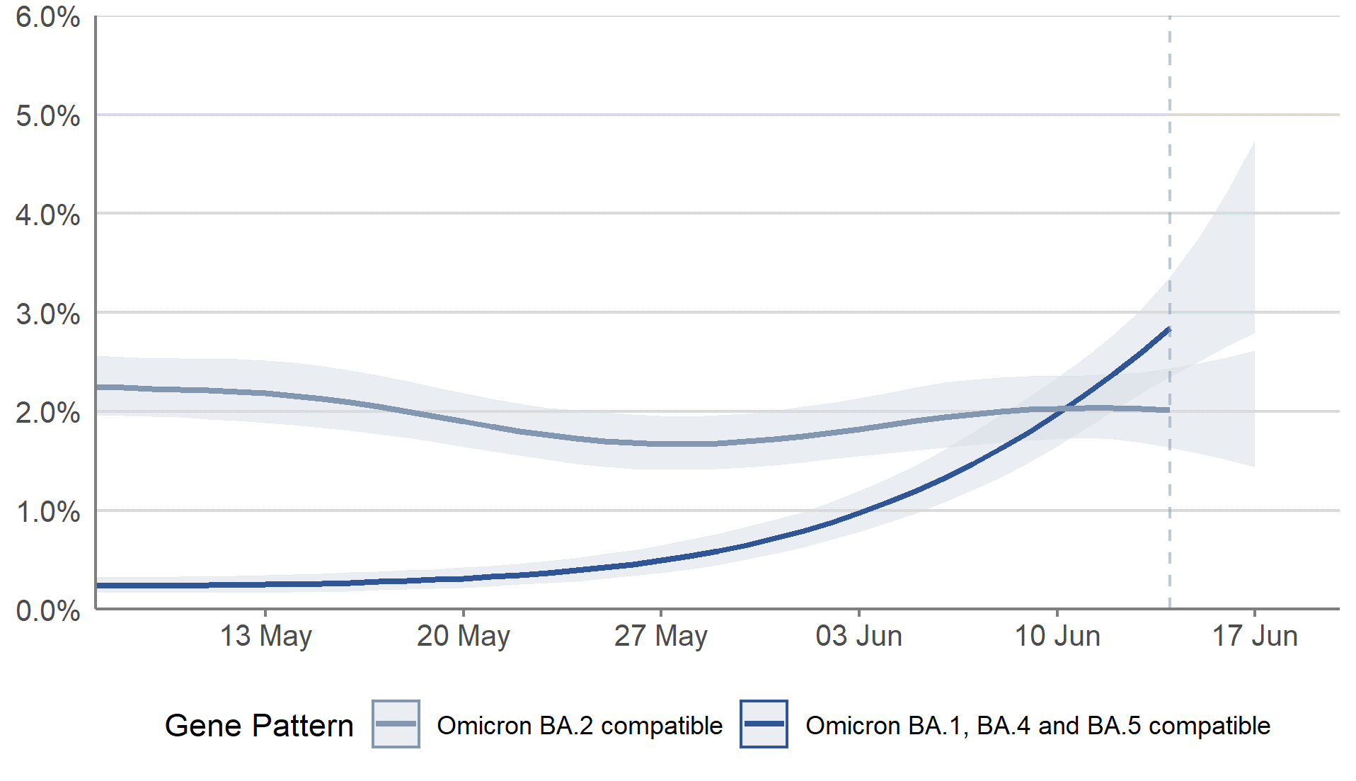 Figure 6: Modelled daily estimates of the percentage of the population in Scotland testing positive with infections compatible with Omicron BA.1, BA.4 and BA.5 and compatible with Omicron BA.2, between 7 May and 17 June 2022, including 95% credible intervals  A line chart showing modelled daily estimates of the percentage of the population in Scotland testing positive for COVID-19 by variant, between 7 May and 17 June 2022. Modelled daily estimates are represented by two lines with 95% credible intervals in pale blue shading. The lines are blue for Omicron BA.1, BA.4 and BA.5 compatible infections and grey for Omicron BA.2 compatible infections. A vertical dashed line near the end of the series indicating greater uncertainty in estimates for the last three reported days. The percentage of people testing positive for COVID-19 compatible with Omicron BA.1, BA.4 and BA.5 increased in the week 11 to 17 June 2022. Meanwhile the trend in the percentage of people with infections compatible with Omicron variant BA.2 was uncertain.