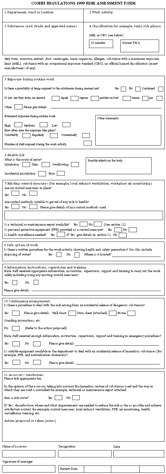 goshh regs 1999 risk assessment form