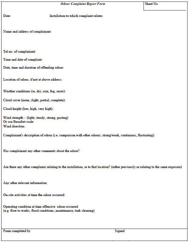 Typical form for the recording an odour-related complaint