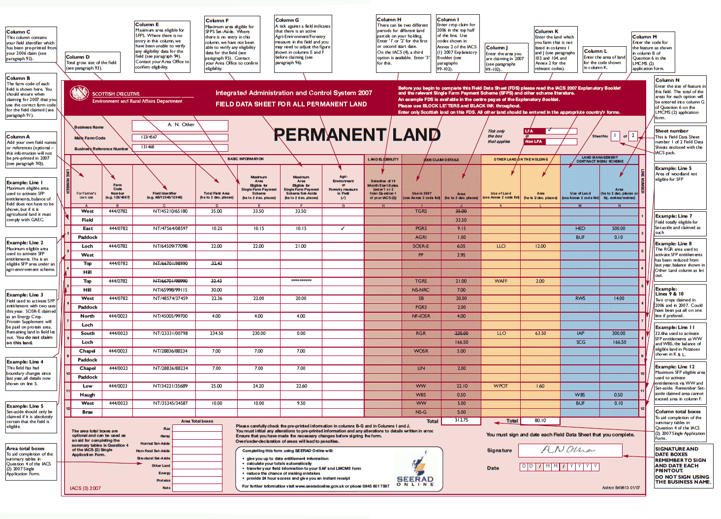 An example of a completed IACS(3) Form