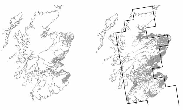 Figure 5.3 Location of prime agricultural land (LCA classes 1, 2 and 3.1) a) current b) predicted under 2050's UKCIP02 Med-High Emissions (Macaulay Institute, work in progress)