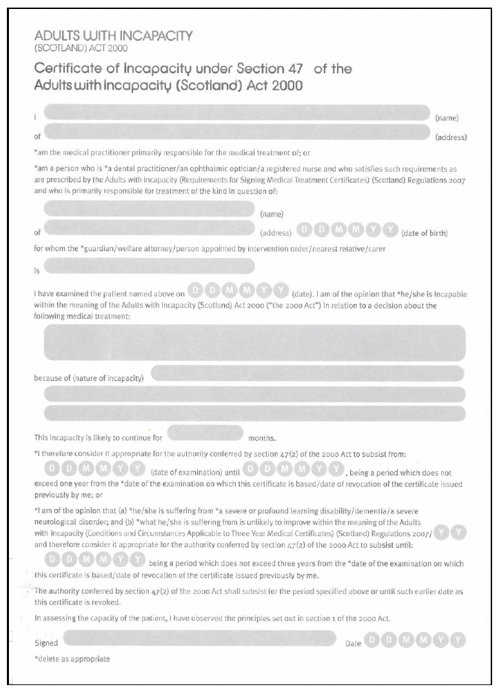 Certificate of Incapacity under Section 47 of the Adults with Incapacity (Scotland) Act, 2000