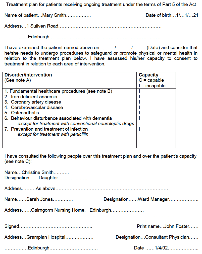 Treatment plan for patients receiving ongoing treatment under the terms of Part 5 of the Act