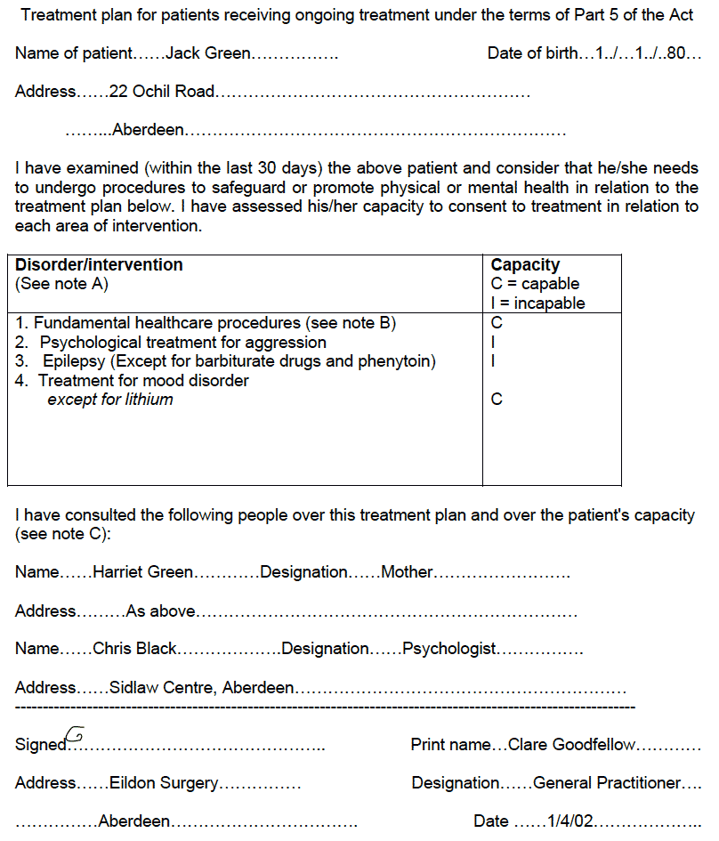 Treatment plan for patients receiving ongoing treatment under the terms of Part 5 of the Act