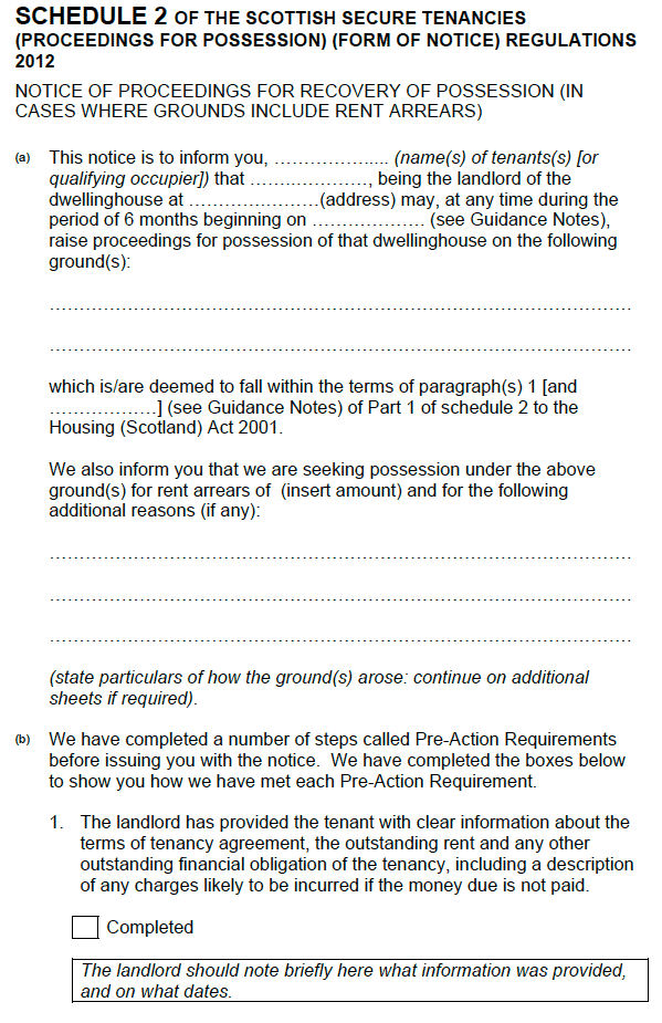 Schedule 2 of the Scottish Secure Tenancies (Proceedings for Possession) (Form of Notice) Regulations 2012