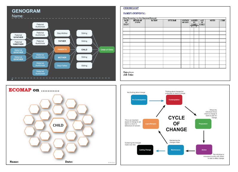 Genograms, Chronologies, EcoMaps and Cycle of Change graphs