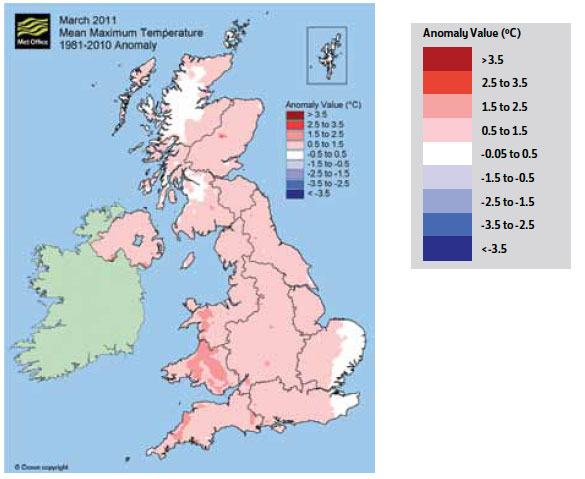 Fig. B2.14 The mean temperatures during the early spring of 2011 were much higher than the average