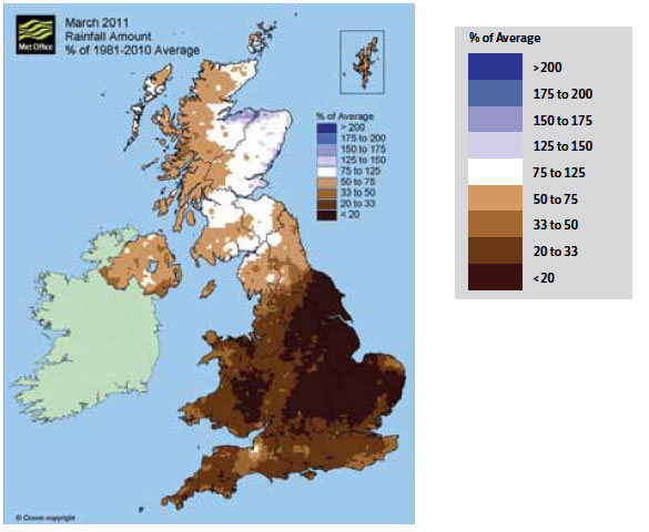 Fig. B2.15 Low rainfall during March 2011 contributed to a rise in fires across the country