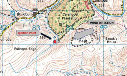 Fig. B7.11 This illustration shows the point of ignition and the wind direction. The fire will align itself with the wind and the upslopes of the surrounding topography.