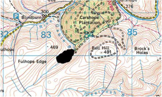 Fig. B7.13 Taking into account the likely development of the fire in the future, a circle is drawn around the incident. In this particular example the diameter of the circle is about 2km. This circle represents a flexible outer control boundary in which sectorisation of the landscape can take place.