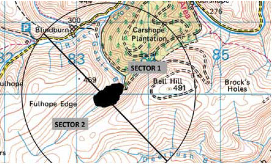 Fig. B7.14 The landscape can now be sectored in a number of ways. This example shows that the fire has been divided into two sectors. Sector 1 covers the area in which the head part of the fire may expand into. Sector 2 covers the area in which the flanks and tail may develop.