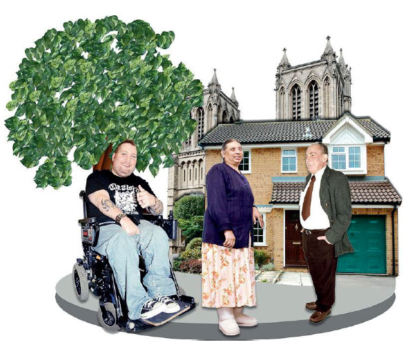 People in front of a tree and a building People in front of a tree and a building