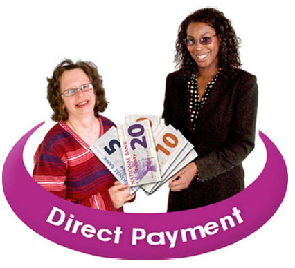 Two women surrounded by a purple circle saying Direct Payment Two women surrounded by a purple circle saying Direct Payment