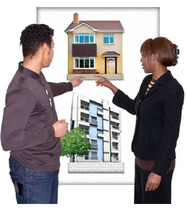 Man and a women pointing at a picture of a house Man and a women pointing at a picture of a house